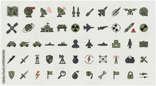 Collection of military and defense icons representing various equipment and symbols.
