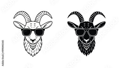 Goat wearing sunglasses icon set featuring cool animal character design in line art and solid black silhouette styles for creative lifestyle branding