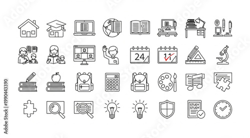 Collection of educational icons representing school and learning elements for students.