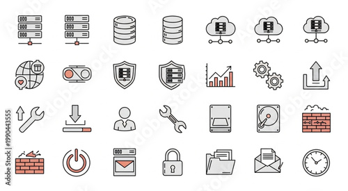 Collection of various technology and data related icons for digital design.