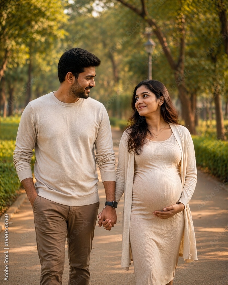 Naklejka premium Happy Indian Couple Walking Hand in Hand in Park During Pregnancy - Pregnant couple holding hands while walking in the park