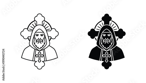Religious monk or saint figure icon set with cross and halo in black and white vector style for spiritual and church branding