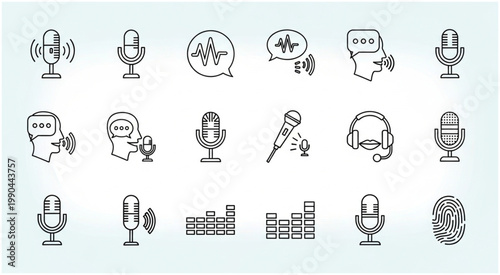 Collection of microphone icons representing audio recording and voice communication.