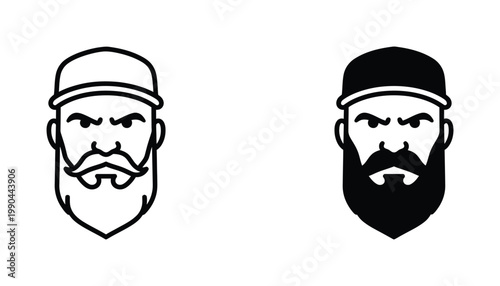 Portrait of a man with a beard and baseball cap icon set featuring masculine character design in clean vector line art and solid black silhouette styles