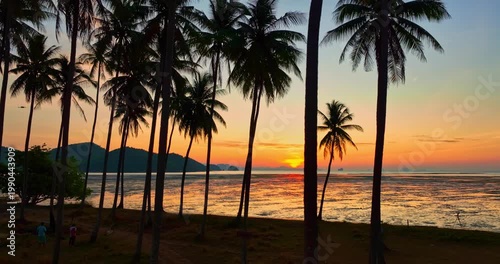 Aerial view coconut fields in the morning glow in orange light.
Orange light penetrates the horizon above the coconut forest. coconut fields in the morning glow in orange light.
Laem Had Beach