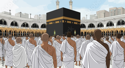 Pilgrimage to the Holy Kaaba in Mecca with a Multitude of Devoted Muslims in Ihram Clothing