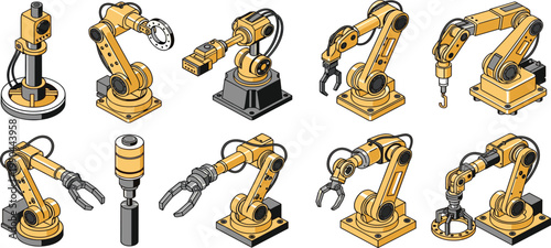 Industrial robotic arm components vector set featuring 10 automation icons with specialized grippers for smart factory and engineering design