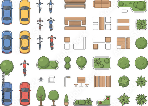 Color vector CAD urban and landscape plan symbols set, cars cyclists pedestrians street furniture trees shrubs and greenery for site plans, city maps and urban planning design
