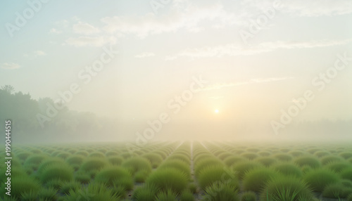 tranquil landscape with misty grass fields and a rising sun creating a serene atmosphere for relaxation and nature appreciation