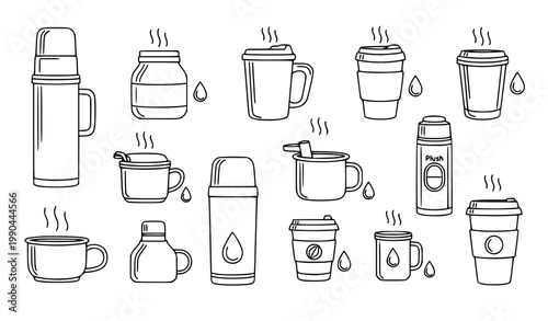 Hot Beverage Travel Mug and Thermos Bottle Monochrome Outline Icon Set Morning Coffee Tea Vector Collection