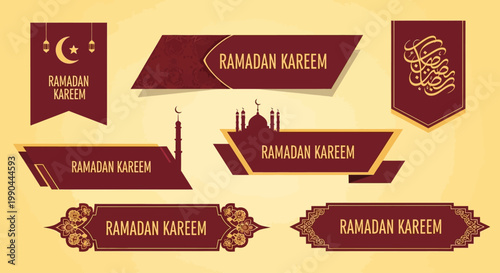 Ramadan Kareem banner and label designs for festive Islamic greetings