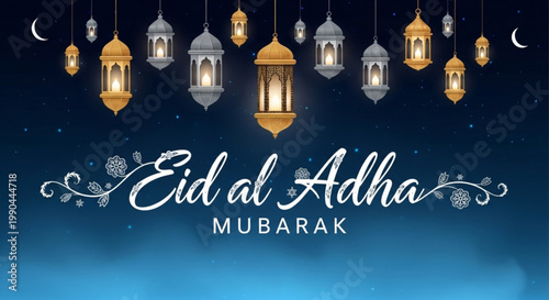 Eid al Adha Mubarak greeting with hanging lanterns and crescent moon festive Islamic celebration background for digital and print use