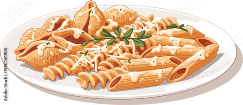 Delicious Plate of Mixed Pasta, Penne and Fusilli, Topped with Creamy White Sauce, Garnished with Fresh Herbs, Perfect for Pasta Lovers, Savory Meal, Ideal for Dinner or Family Gatherings