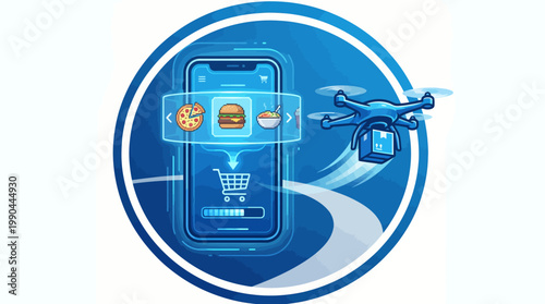Smartphone with food icons, shopping cart, and drone delivering a package, representing online food delivery services and e-commerce logistics