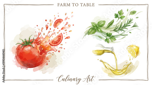 Vibrant watercolor collection illustrating fresh culinary ingredients a dynamic tomato splash, aromatic herbs, and pouring olive oil with lemon for gourmet cooking
