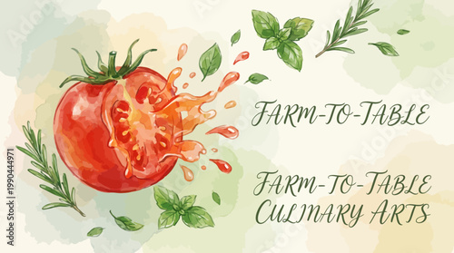Artistic watercolor depiction of a vibrant bursting tomato with fresh herbs, celebrating garden-fresh produce and the essence of traditional culinary arts