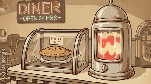Vintage American diner scene with a fresh pie and retro milkshake machine, evoking nostalgic eatery vibes and a classic 24-hour atmosphere