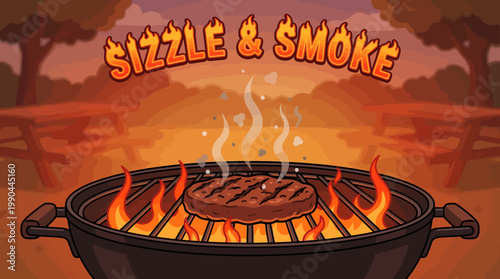 Sizzle and Smoke Animated Vector Illustration of a Sizzling Grill with Flames, Perfect for Food and BBQ Themed Designs