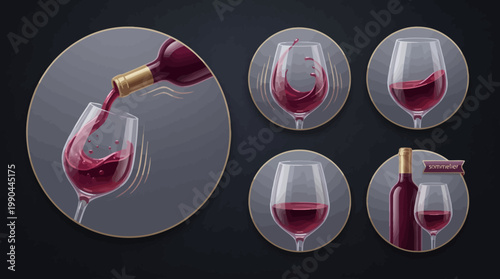 Set of animated vector illustrations depicting the pouring and swirling of red wine in a glass and bottle