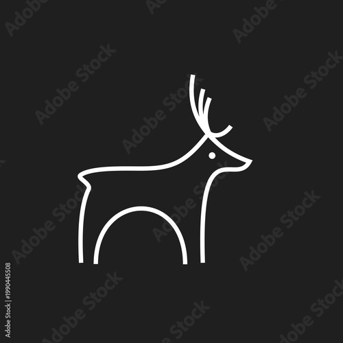 Elegant Minimalist White Line Art Deer Logo with Antlers on a Dark Black Background, Modern Stag Silhouette Vector Graphic