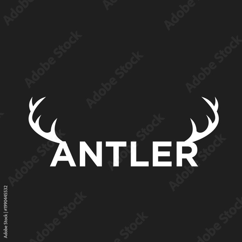 Minimalist Antler Text Logo with White Deer Horns Silhouette on Black Background
