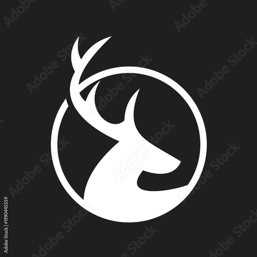 Minimalist White Deer Head Silhouette Logo in Circle on Black Background