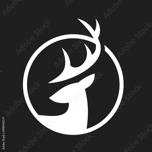 White Deer Head with Antlers in Circular Frame Logo Design on Black Background
