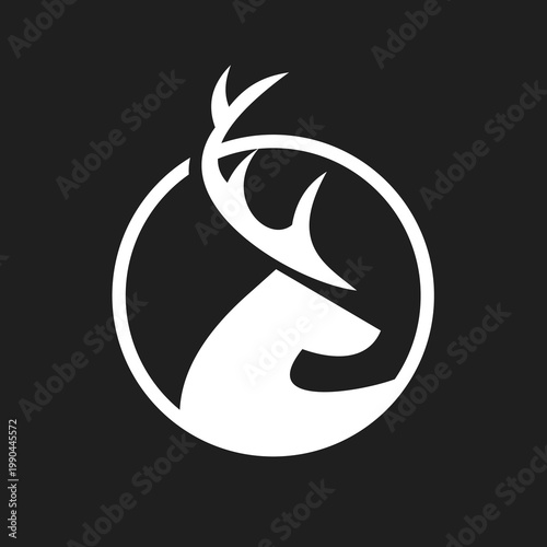 Minimalist White Deer Head Logo with Antlers in a Circle