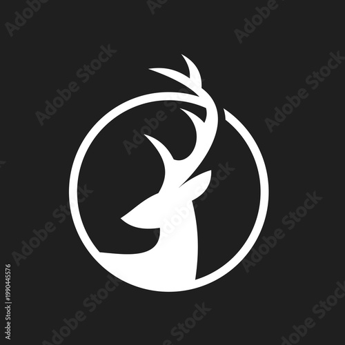 White Deer Head Silhouette with Antlers in Circular Frame