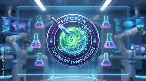 Futuristic food science laboratory driving precision culinary innovation, blending advanced technology, gastronomic research, and robotic efficiency