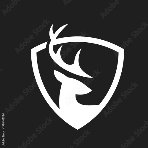 Deer head with antlers in a shield logo, a modern minimalist hunting or wildlife emblem design.