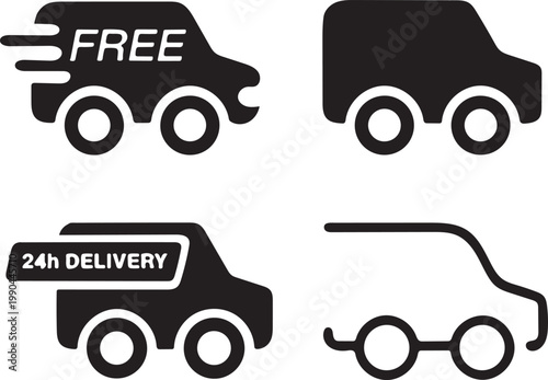 Fast Delivery Van Icon Set with 24h Service and Free Shipping Logistics Symbols