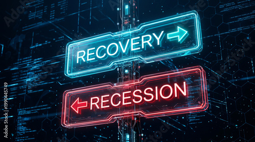 Economic recovery vs recession choice on futuristic digital road signs, symbolizing business future and critical decisions.
