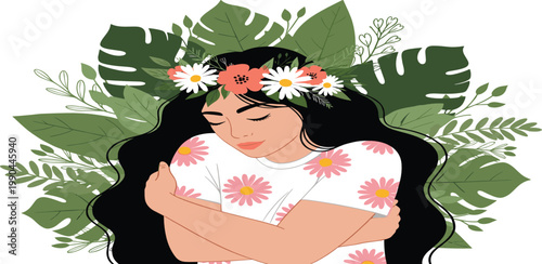 Self love and mental health vector illustration featuring woman hugging herself with floral crown and tropical botanical leaves in a flat style