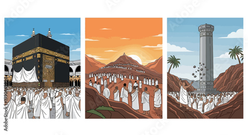 Pilgrimage to Mecca Iconic Islamic Rituals Depicted Through Illustrations