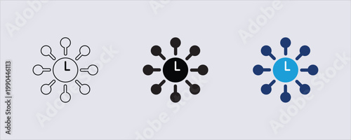 A Time Management icon, Centralized Network,  a central hub with a clock symbol, eight surrounding nodes, representing synchronized data, network management, or organized workflows.