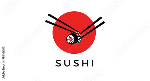 Japanese Sushi Food Icon with Chopsticks and Red Circle.