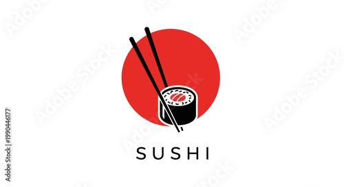 Japanese Sushi Roll with Chopsticks and Red Circle.