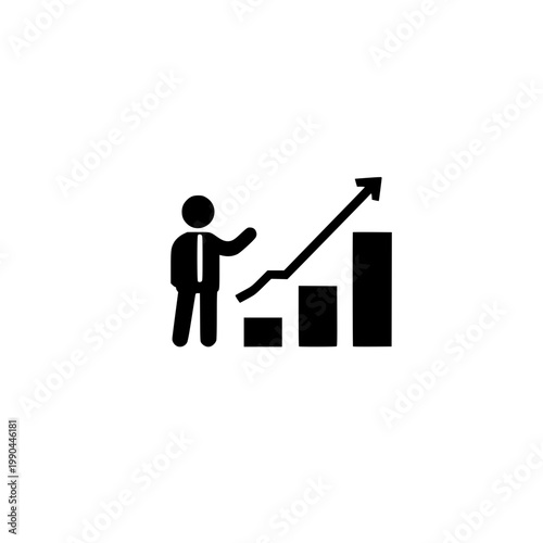Business Growth Icon: Businessman Silhouette Pointing to Rising Bar Chart and Upward Arrow for Financial Success Concept