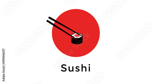 Minimalist Sushi Roll Held by Chopsticks Over Red Circle.