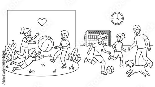 Children playing with ball and soccer, kids having fun outdoors in park.