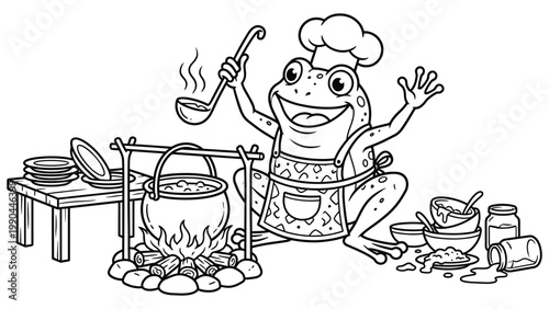Cheerful frog chef cooking soup over campfire in outdoor forest kitchen coloring book art.