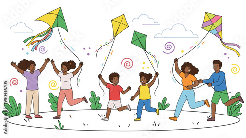 Diverse group of children happily flying colorful kites in a park.