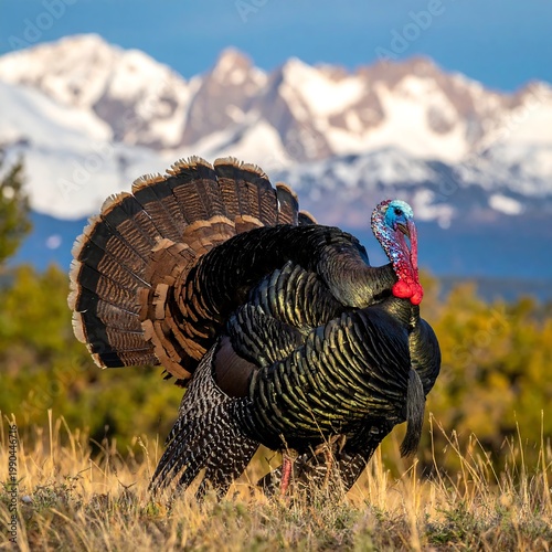 Wild Male Turkey Bird Iridescent Feathers And Fanned Tail In A Sunny Field With Snow Capped Mountains In The Background