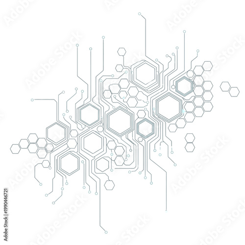 Circuit board with hexagons and wires.