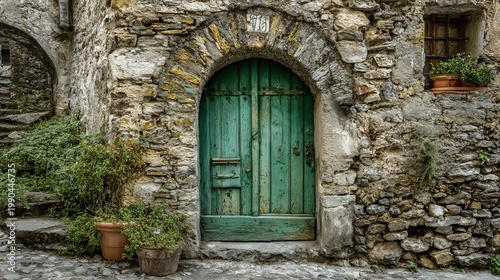 Old green wooden door in a stone arch shows history and country style. It has a classic European look.