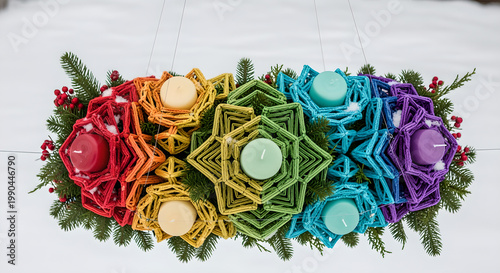 A festive holiday table centerpiece features colorful star-shaped candle holders with greenery on a white surface