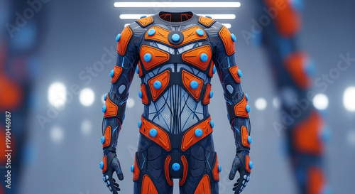 A futuristic robotic figure wearing an orange and blue metallic exosuit stands in a sleek corridor.