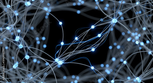 A dramatic and bold vintage film photography showcases a network of glowing blue connections on a dark background with many nodes and lines.