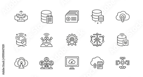 Collection of hand-drawn icons representing cloud computing and data storage concepts.